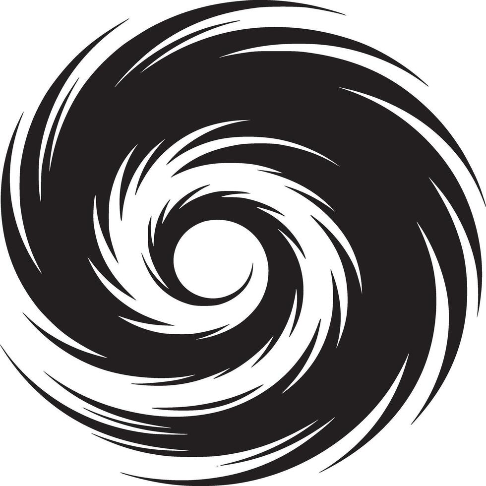 A black and white graphic swirl design with curved lines creating a circular vortex illustration vector