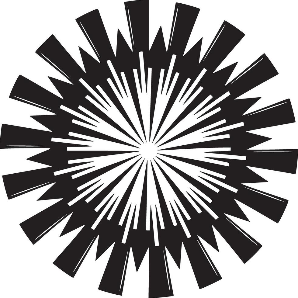 A black and white abstract design featuring radiating shapes from a central point on white background vector