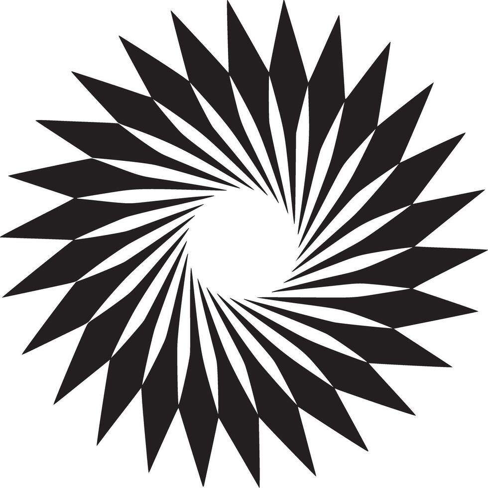 A black and white spiral pattern with pointed shapes radiating from a central circular void space design vector