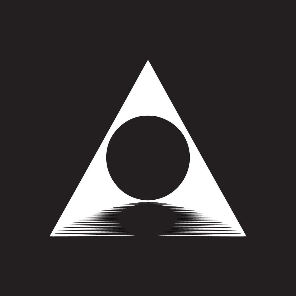 A graphic design featuring a white triangle with a black circle and horizontal lines on a black background vector