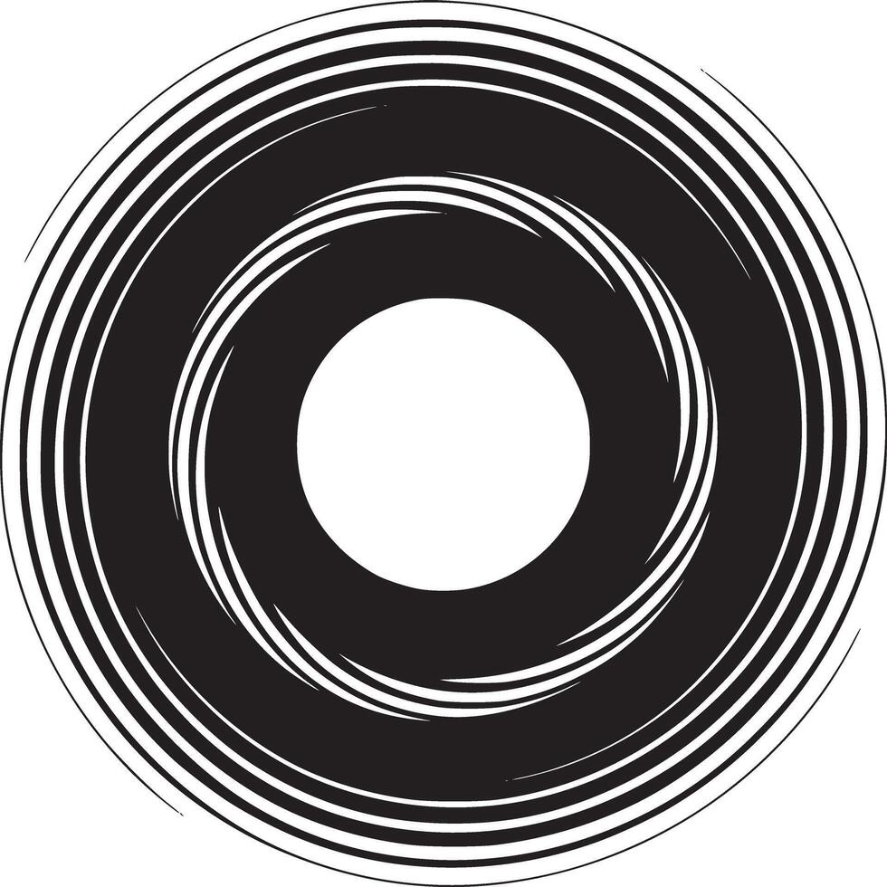 A black and white abstract circular design with a central white circle and swirling lines around it vector
