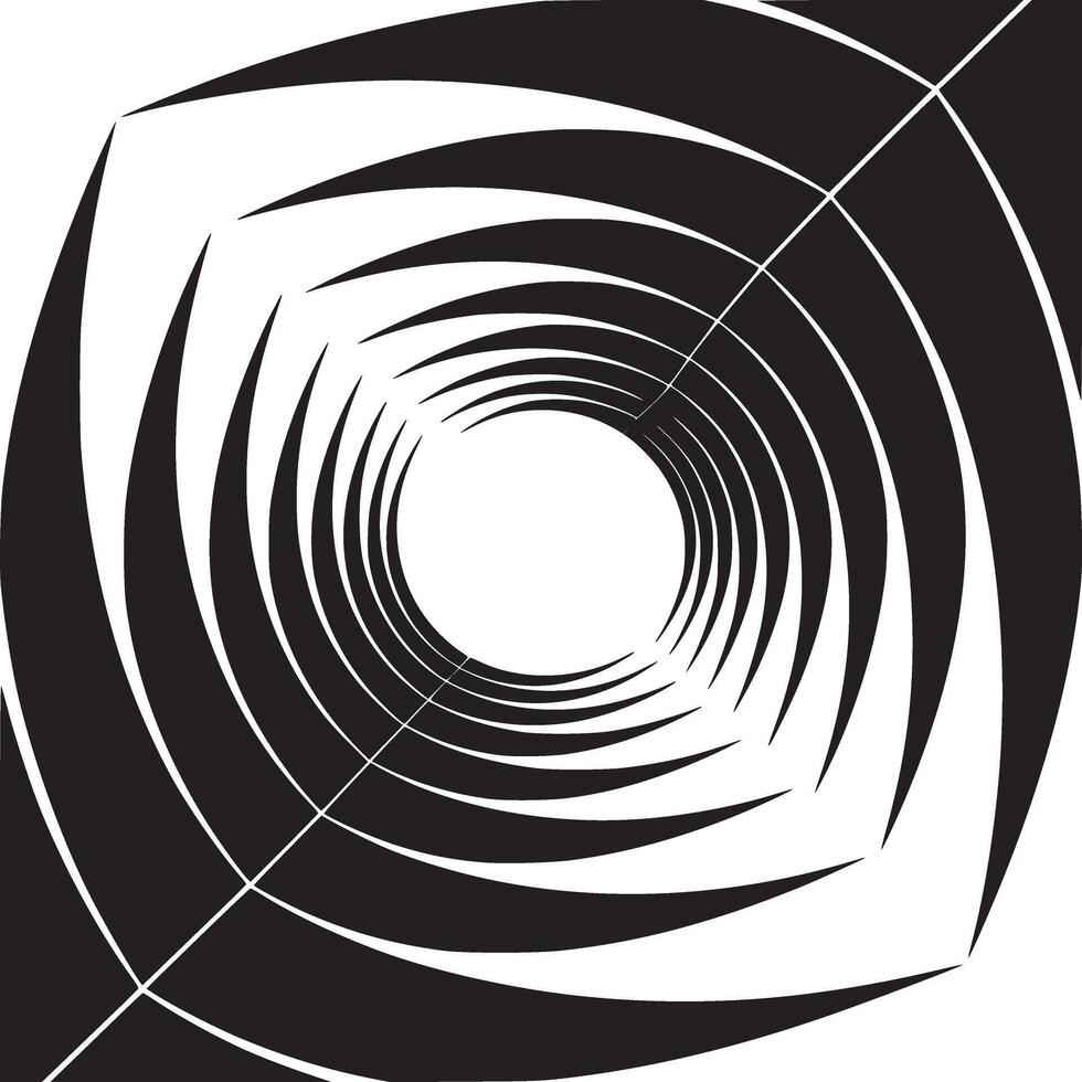 A black and white abstract image featuring a spiraling tunnel effect with sharp angled edges and lines vector