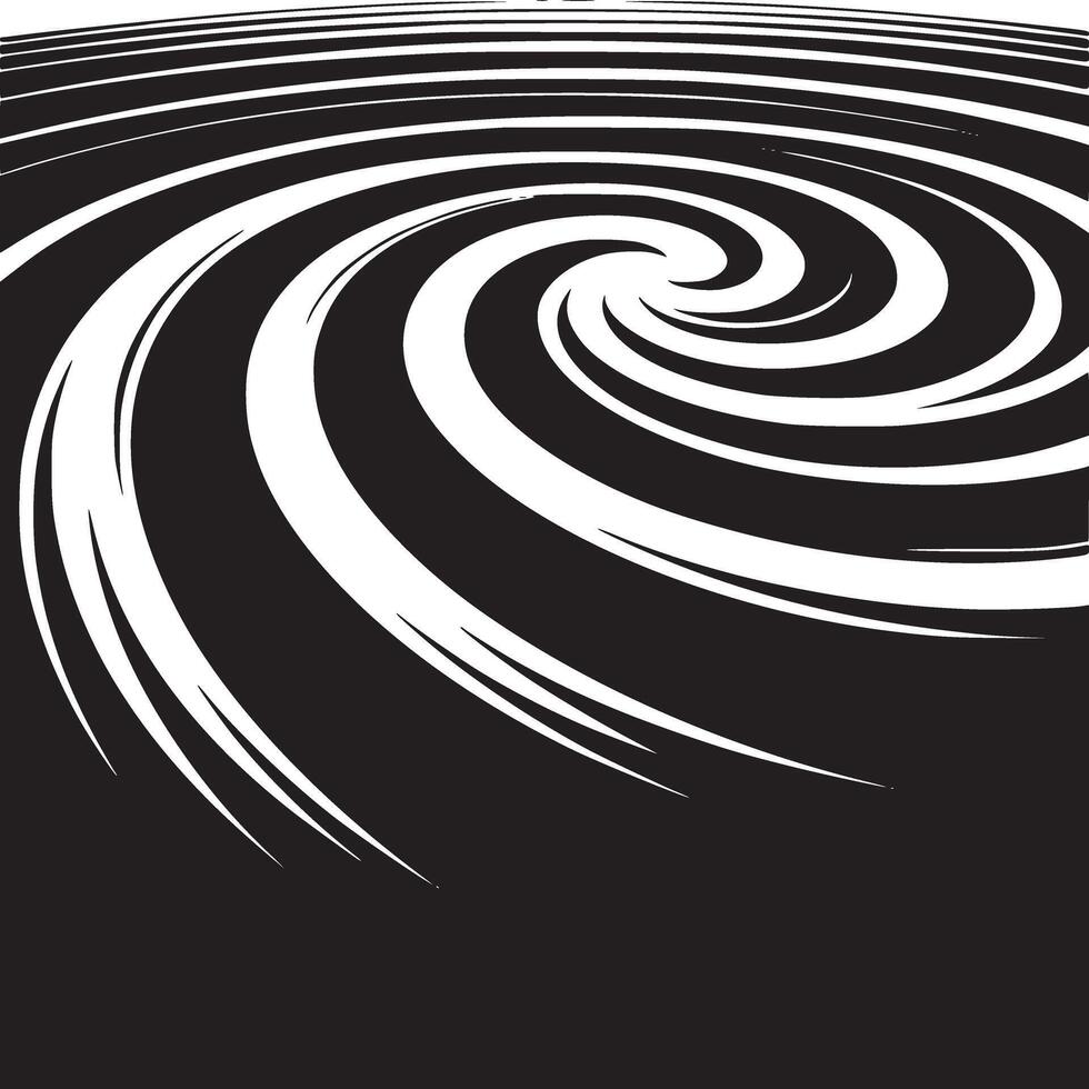 A black and white abstract illustration of a swirling vortex with horizontal lines receding into distance vector