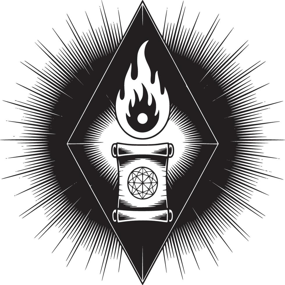 Mystical burning scroll emblem design radiating power, ideal for fantasy games or occult branding projects vector