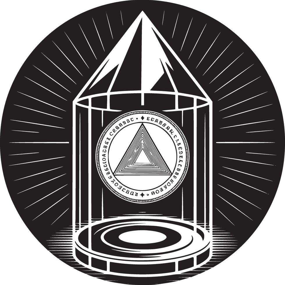 Monochrome illustration of a geometric structure with a triangle inside a circle design element vector