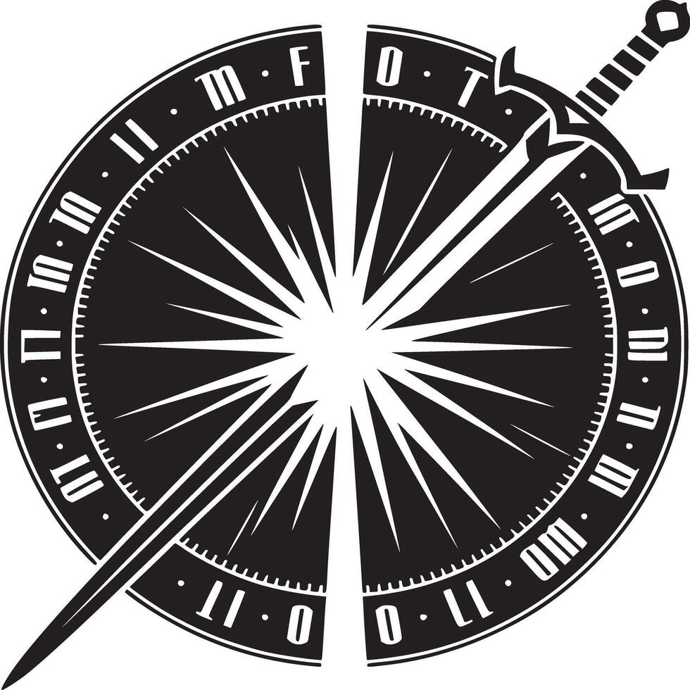 Black and white circular design with radiating lines and a sword intersecting the circle halves vector