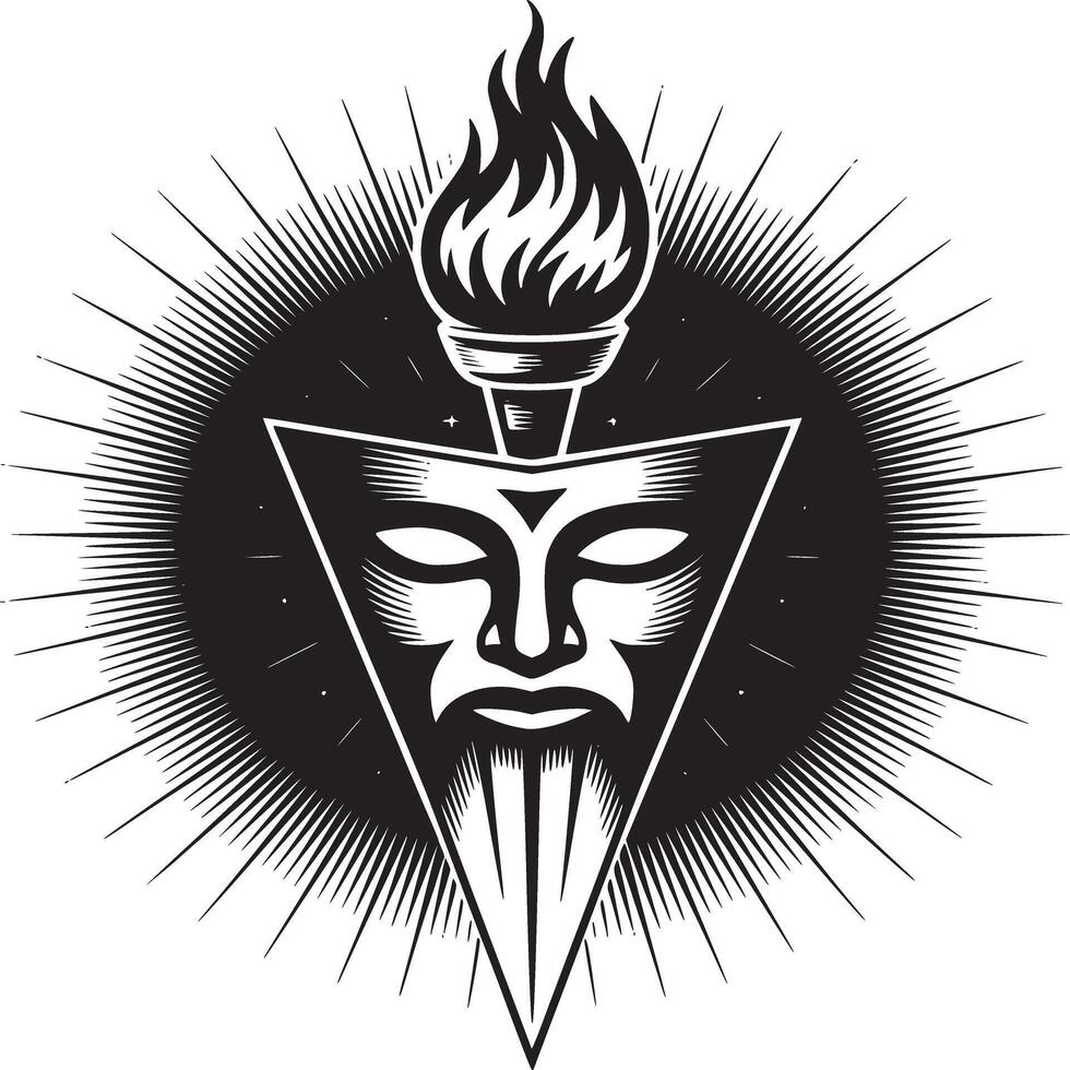 Striking black and white torch emblem with a mysterious mask evokes power and intrigue vector