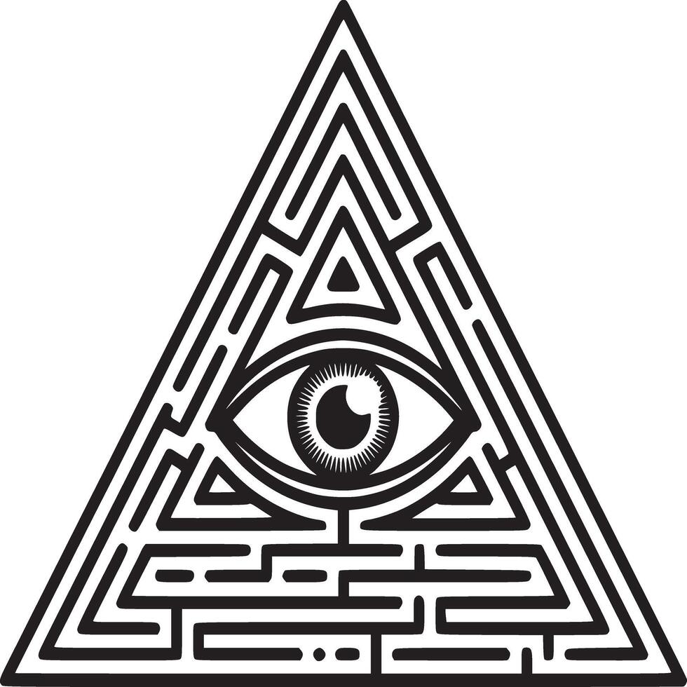 Mysterious eye inside a maze triangle, intriguing design for puzzles and symbolic concepts vector