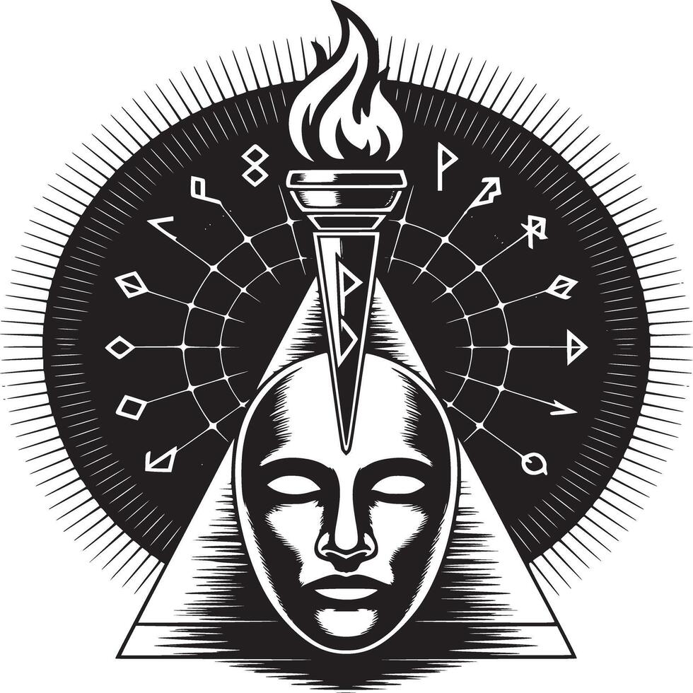 Mystical face with torch and runes in black and white, intriguing design for fantasy or esoteric themes vector