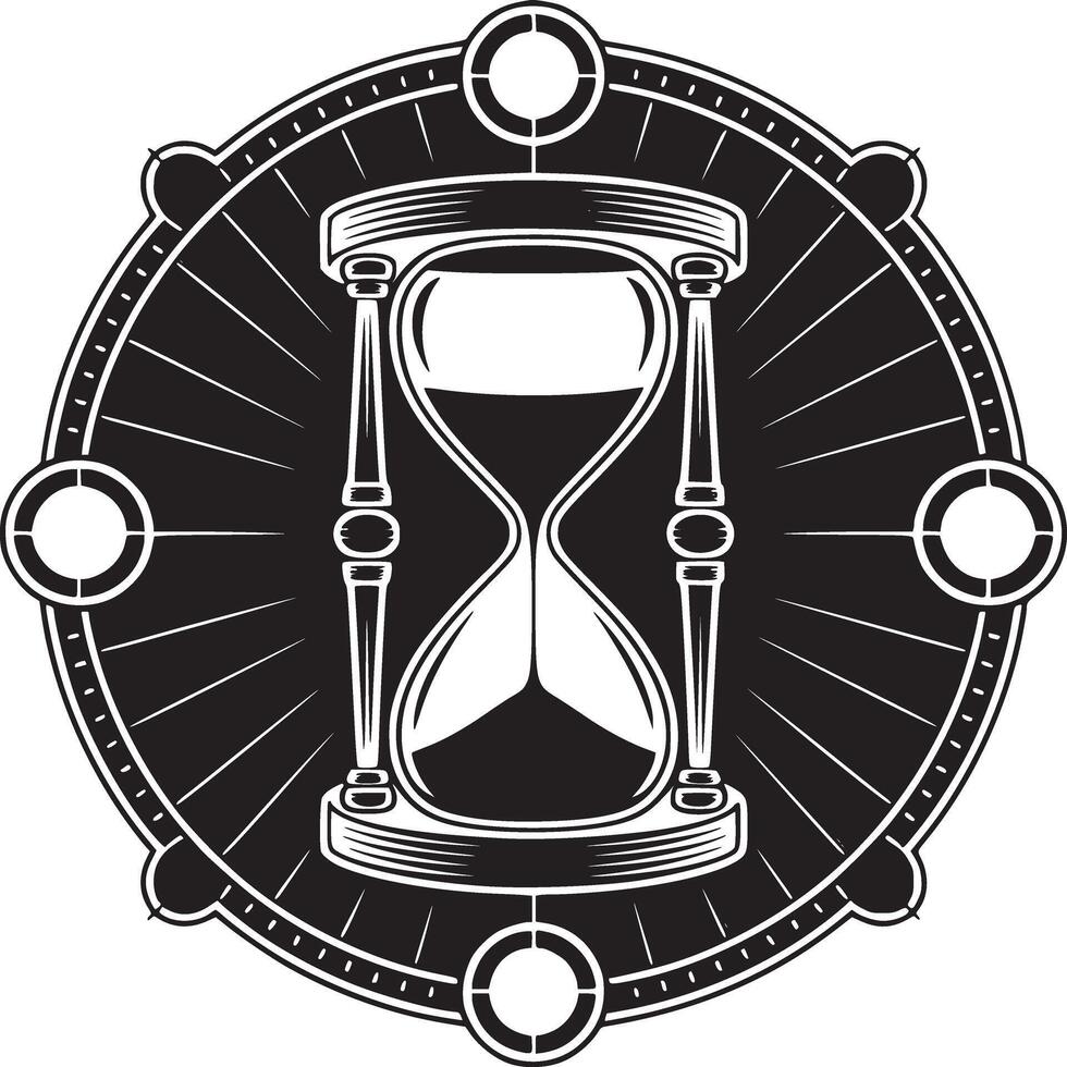 Graphic illustration of an hourglass surrounded by a circular frame with radial lines and circles vector