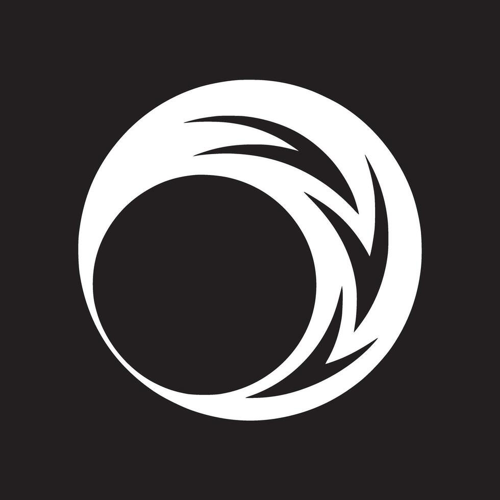 A white circle with arrow like shapes on a black background creating a modern abstract design element vector