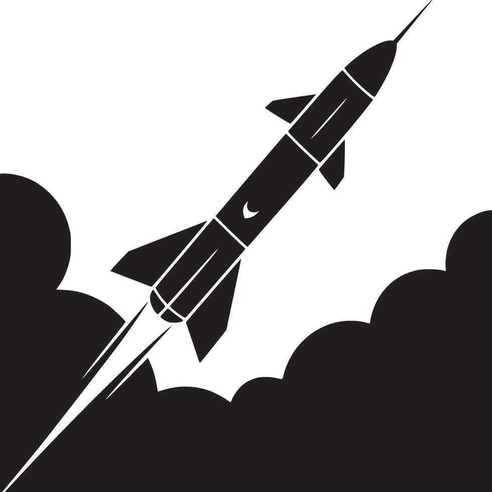 A black and white graphic of a rocket launching through clouds with a crescent moon symbol on it vector
