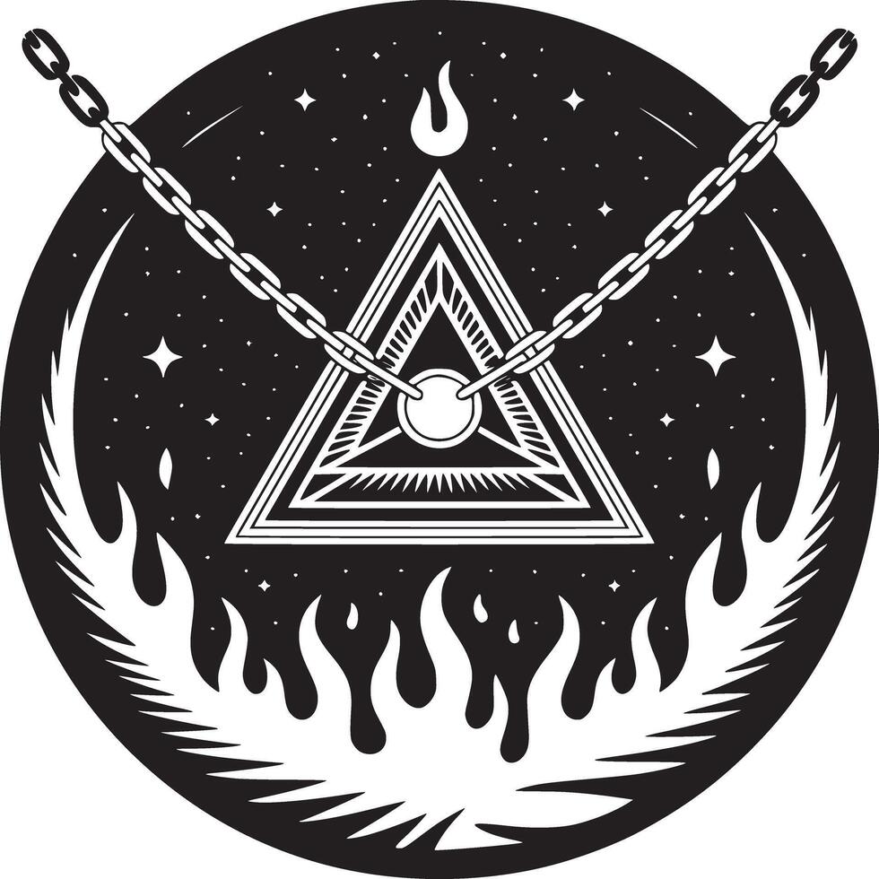 Mystical triangle emblem with chains and flames for occult designs and symbolic art projects vector