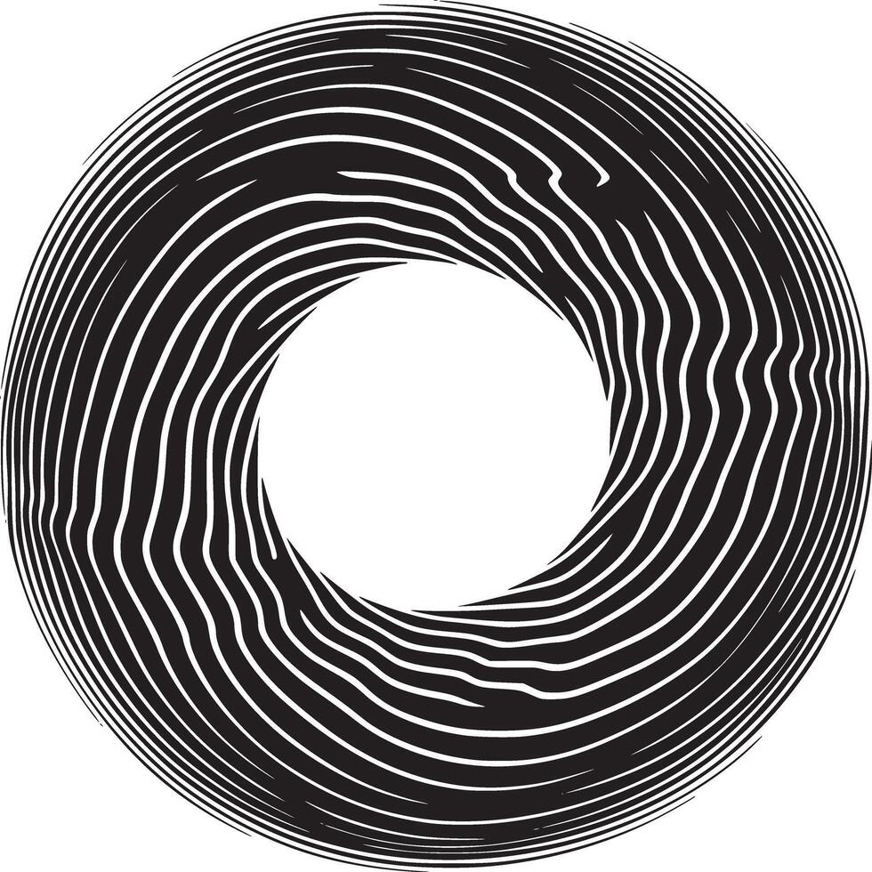 A black and white abstract circular design with curved lines and a central open space on white backdrop vector