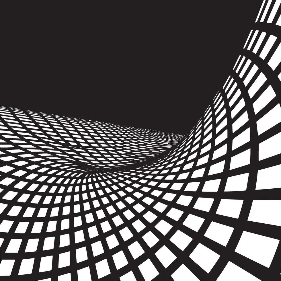 A black and white abstract image of a grid pattern bending into a vortex against a black background vector