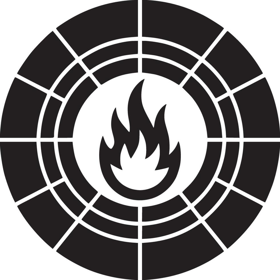 un gráfico diseño de un negro circulo con un cuadrícula modelo y un fuego en el centrar en blanco antecedentes vector