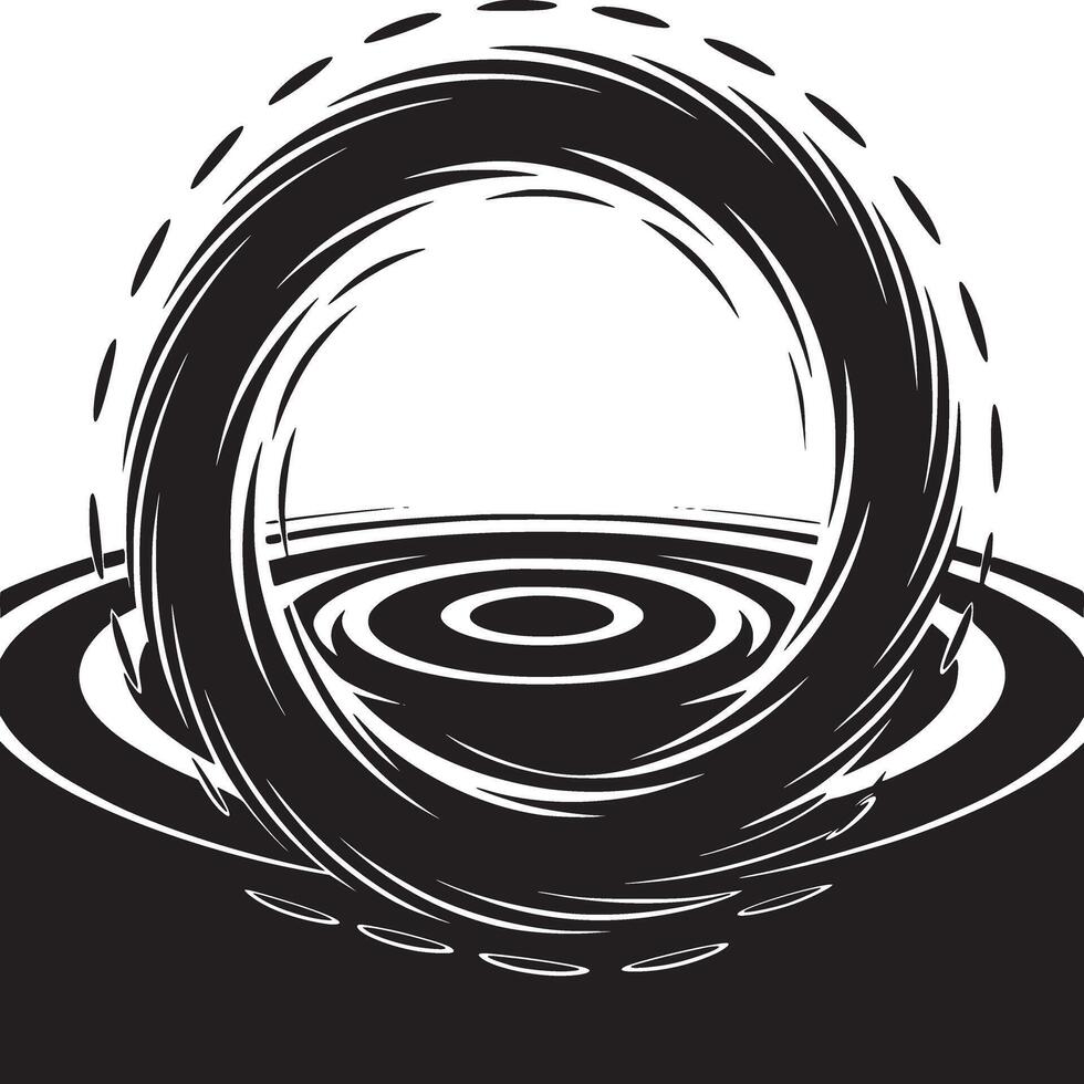 Abstract black and white vortex design with concentric circles and dashed lines around the edges vector