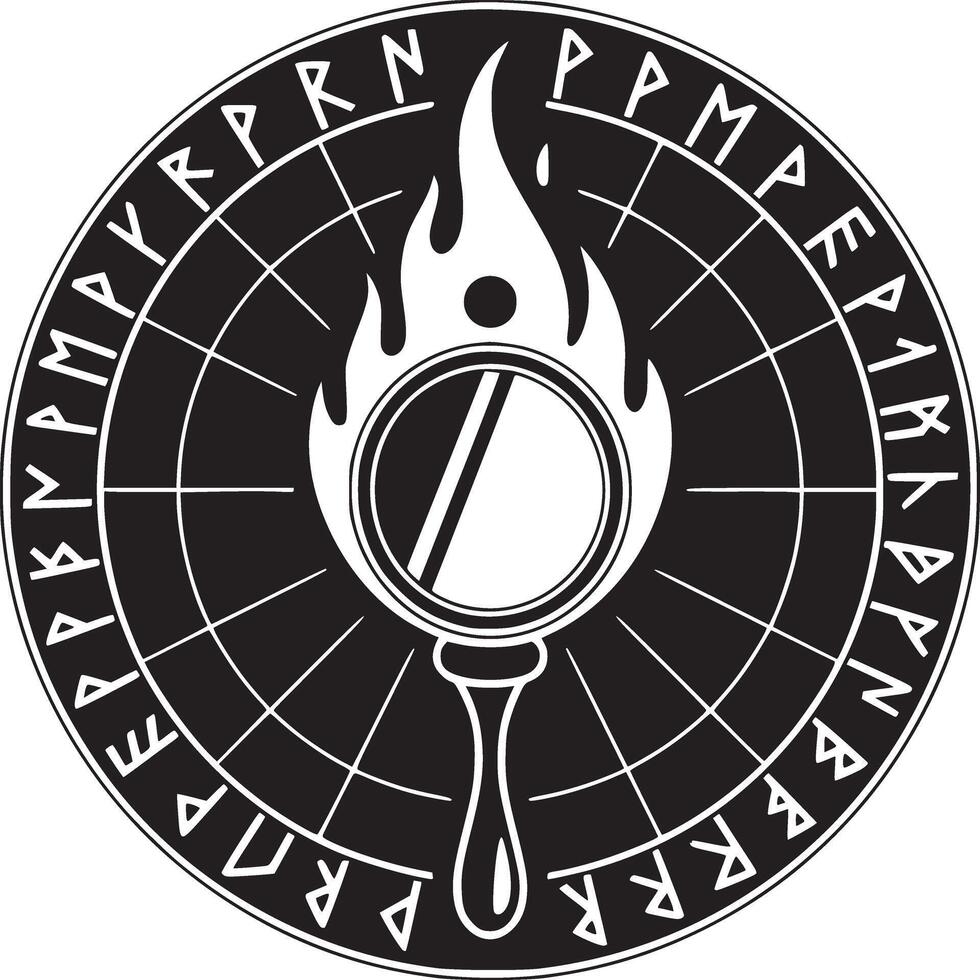 Black and white illustration of a flaming mirror inside a rune inscribed circle with grid lines vector