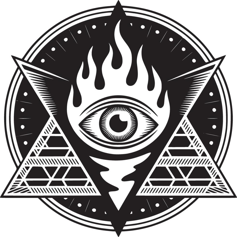 Striking mystic eye design with flames and triangles for edgy, occult-themed projects and creative concepts vector
