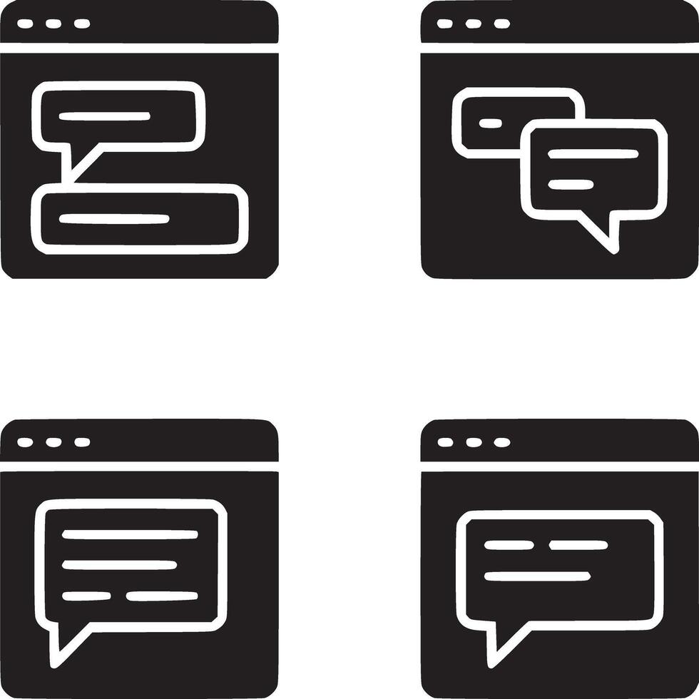 Four panels displaying black and white icons of message bubbles inside browser window representations vector
