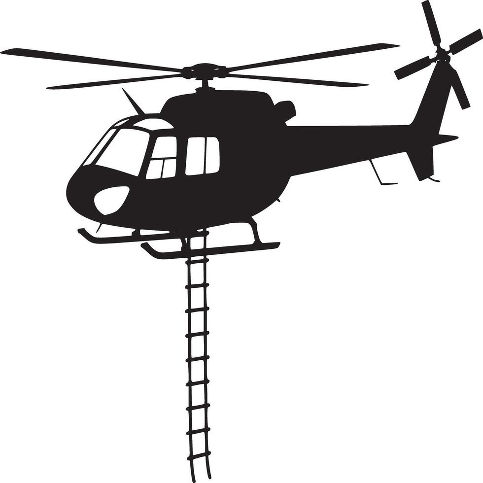 Silhouette of a helicopter with a ladder hanging down against a white background in a simple design vector