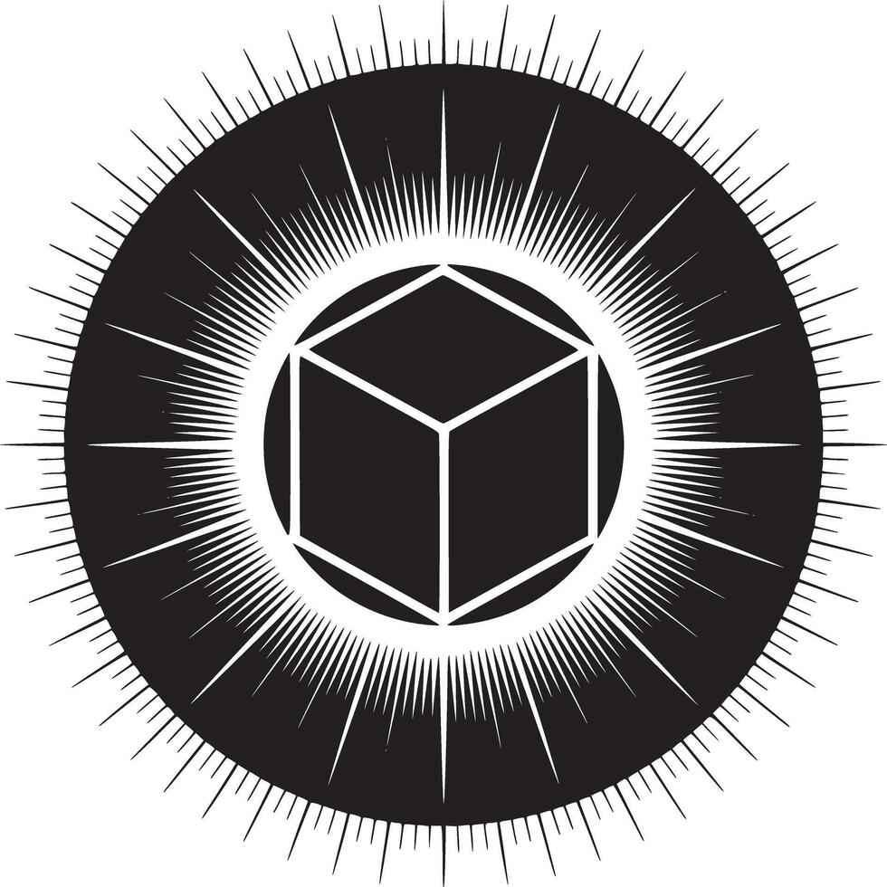 Black and white geometric design featuring a cube inside a circle with radiating lines around it vector