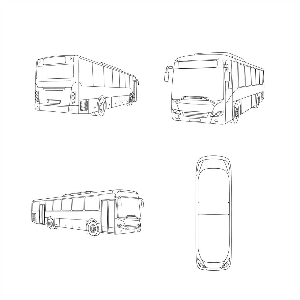 A comprehensive collection of bus outline drawings presented in four different views, including front, side, rear, and top-down perspectives, perfect for design, educational materials vector