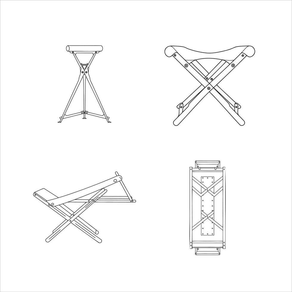 Comprehensive technical illustration displaying multiple perspectives of a versatile and portable folding stool, including front, side, angled, and compactly folded views vector