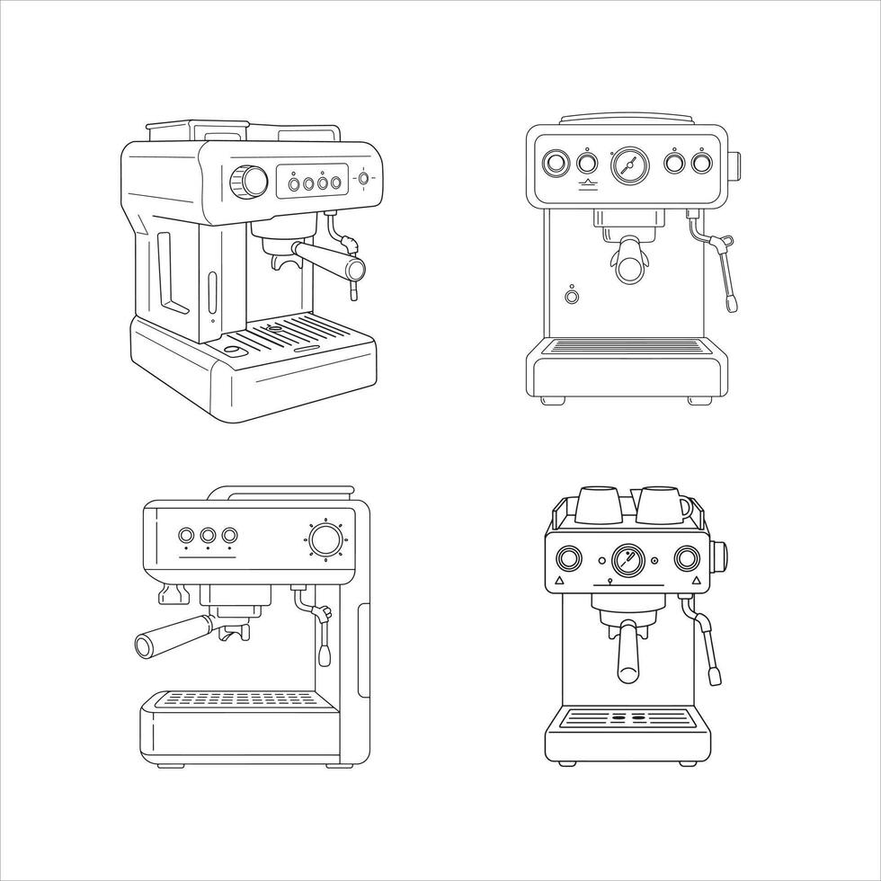 A versatile set of four distinct espresso machine line art illustrations, perfect for design projects, showcasing different styles of coffee makers with precise outlines, ideal for illustrating vector