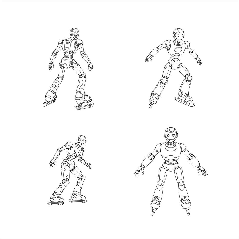 This dynamic set of four line art illustrations features modern humanoid robots two ice skating on sleek blades, demonstrating fluid motion, and two standing, portraying advanced technology vector