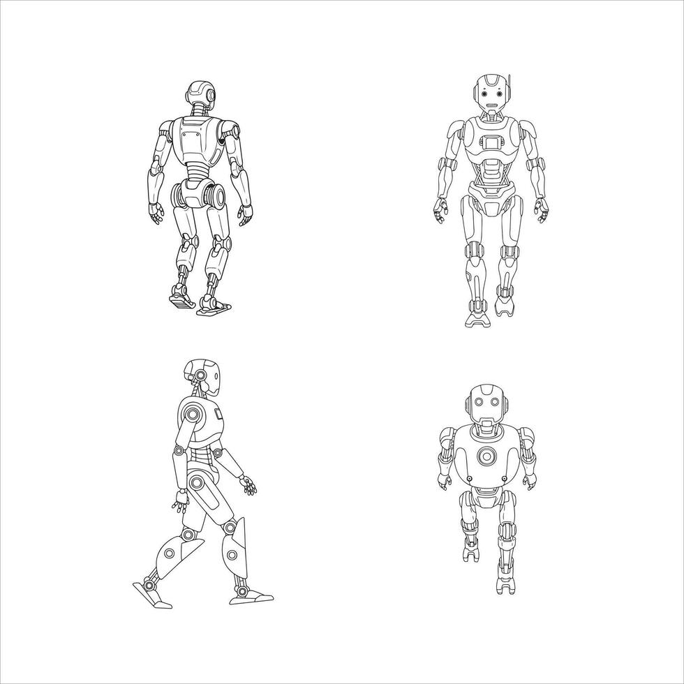 This collection features four black outline illustrations of modern humanoid robots, each presented in distinct dynamic poses standing front and back, walking side profile, and walking forward vector
