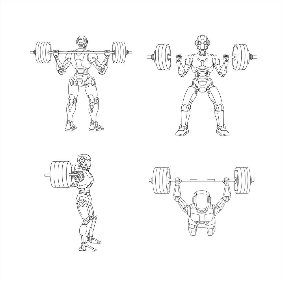 This compelling collection of four detailed line art illustrations features a powerful, advanced humanoid robot diligently performing various intensive weightlifting exercises, symbolizing strength vector