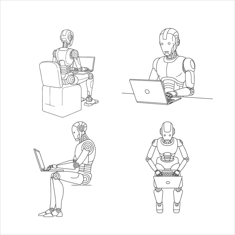 This detailed collection of four distinct line art illustrations showcases humanoid robots diligently operating laptop computers in various poses, symbolizing advanced technology, future automation vector