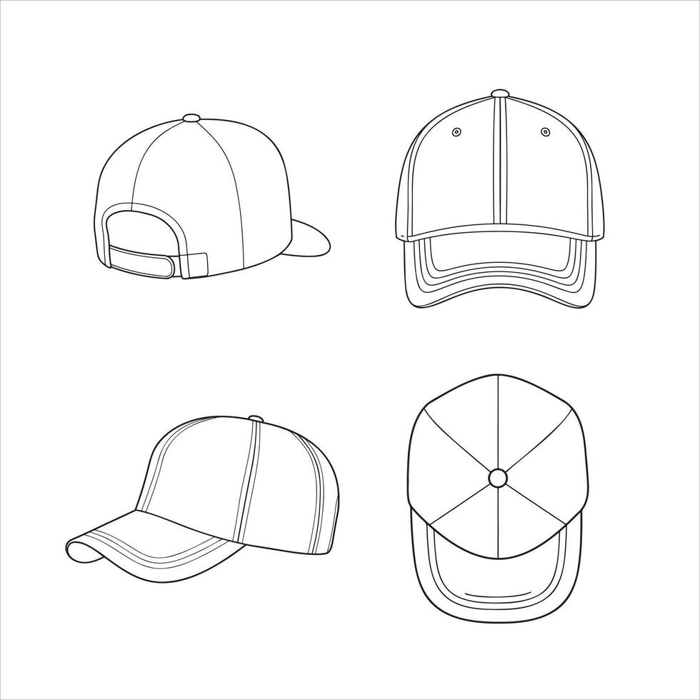 Comprehensive set of line art outlines depicting a standard baseball cap in four distinct views, front, side, back left, and top-down ideal for design templates, educational materials vector