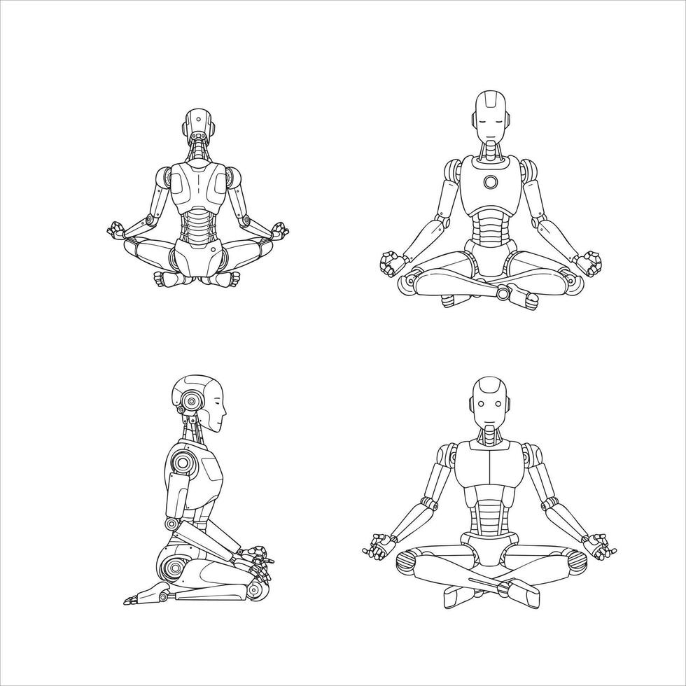 This detailed line art collection showcases four humanoid robots in various serene meditative poses, including front, back, and profile views, illustrating a fascinating blend of advanced technology vector