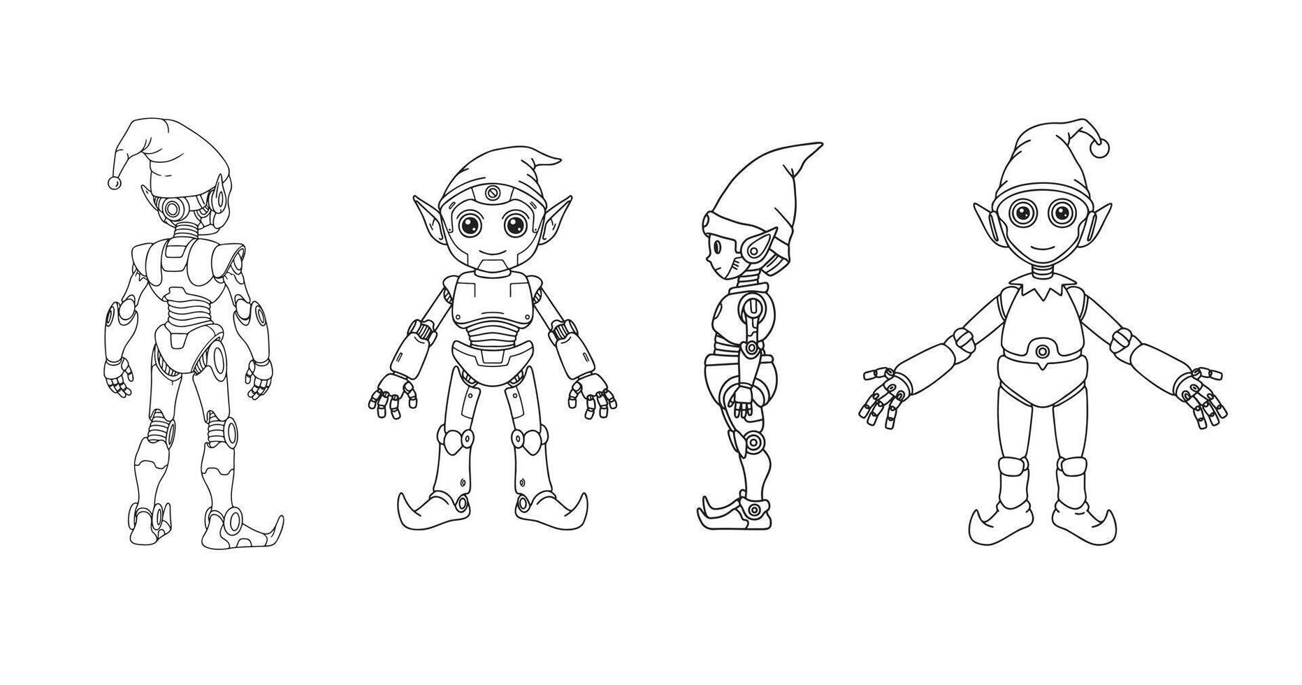 A detailed line art illustration showcasing a delightful robotic character with charming elfin features, including pointy ears and a whimsical hat, meticulously drawn from front, side, and back vector