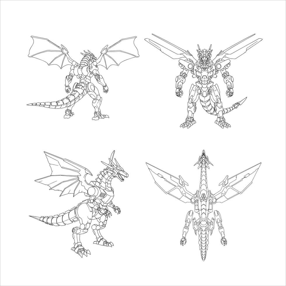 This intricate line art illustration presents four dynamic perspectives of a formidable robotic dragon, featuring detailed mechanical components, powerful wings, and sharp futuristic aesthetics vector