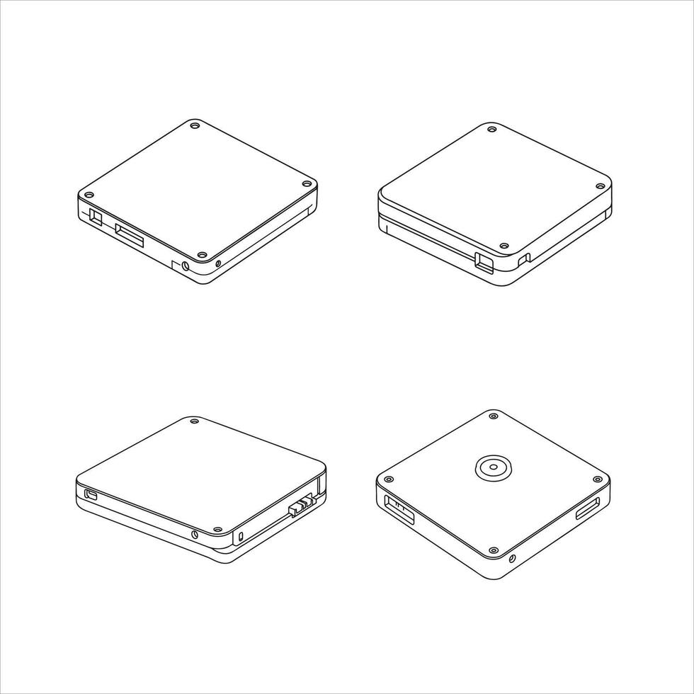 This collection features four isometric outline illustrations of a compact electronic device, detailing its input output ports, mounting points, and external casing from distinct angles vector