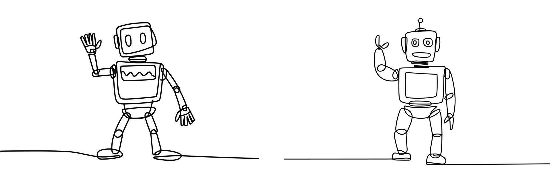 Two Robots Waving Hello in Line Art Style android artificial intelligence vector