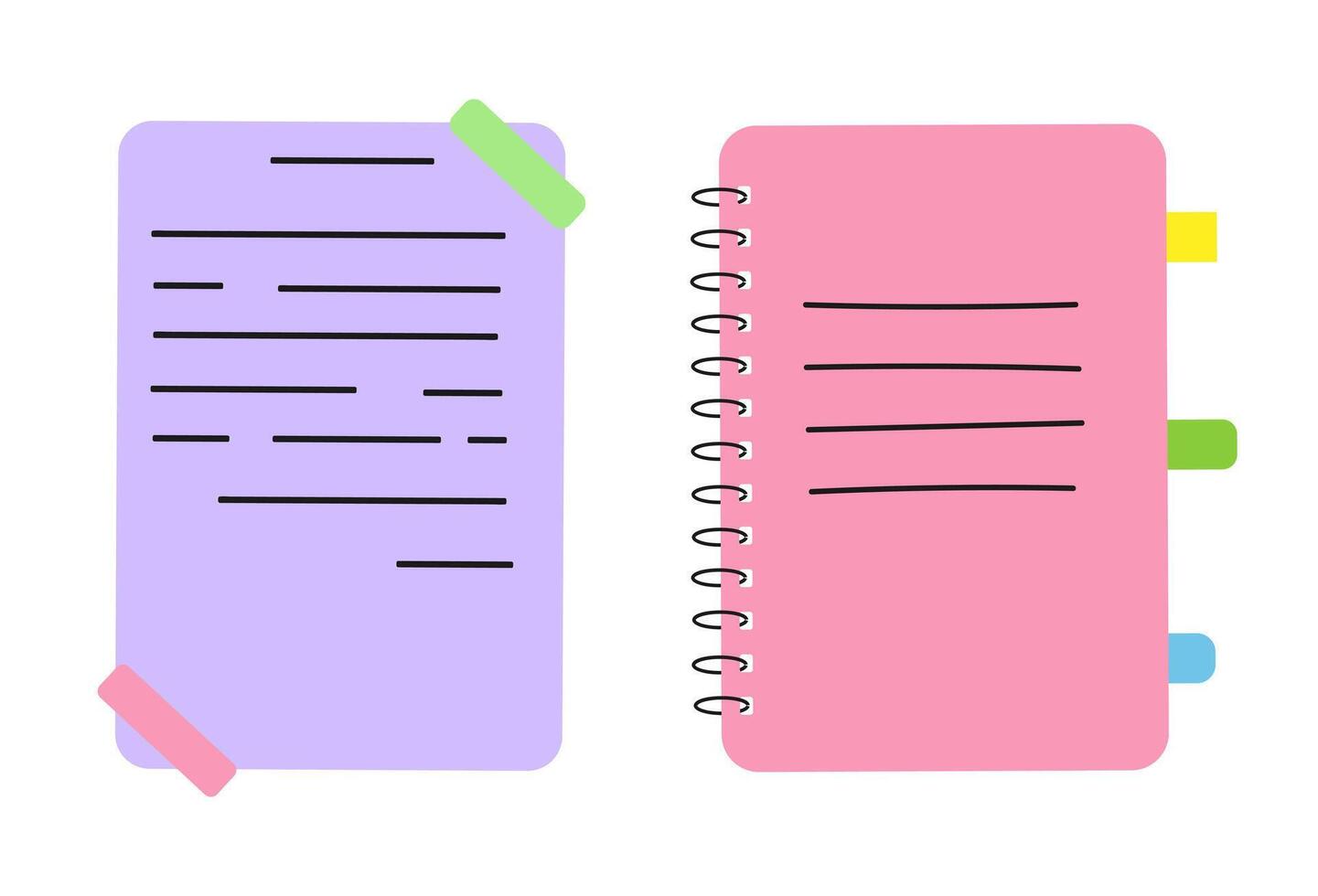 Set of Notepads in Simple Minimalistic Flat Style Isolated on White Background. Icon of Notepad and Document Hanging on Wall. Illustration Sticker Notepad, Notebook for Marks, Sheet. vector