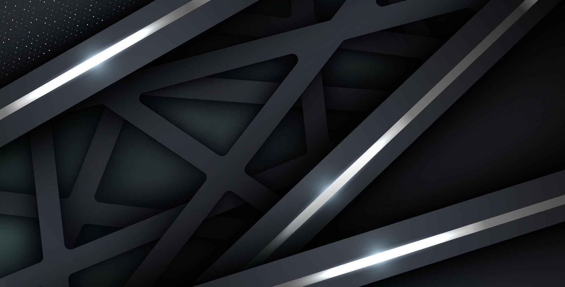 dark abstract background with triangle square black overlap layers. silver list and silver glitters dots element on slash papercut textured background. ., vector