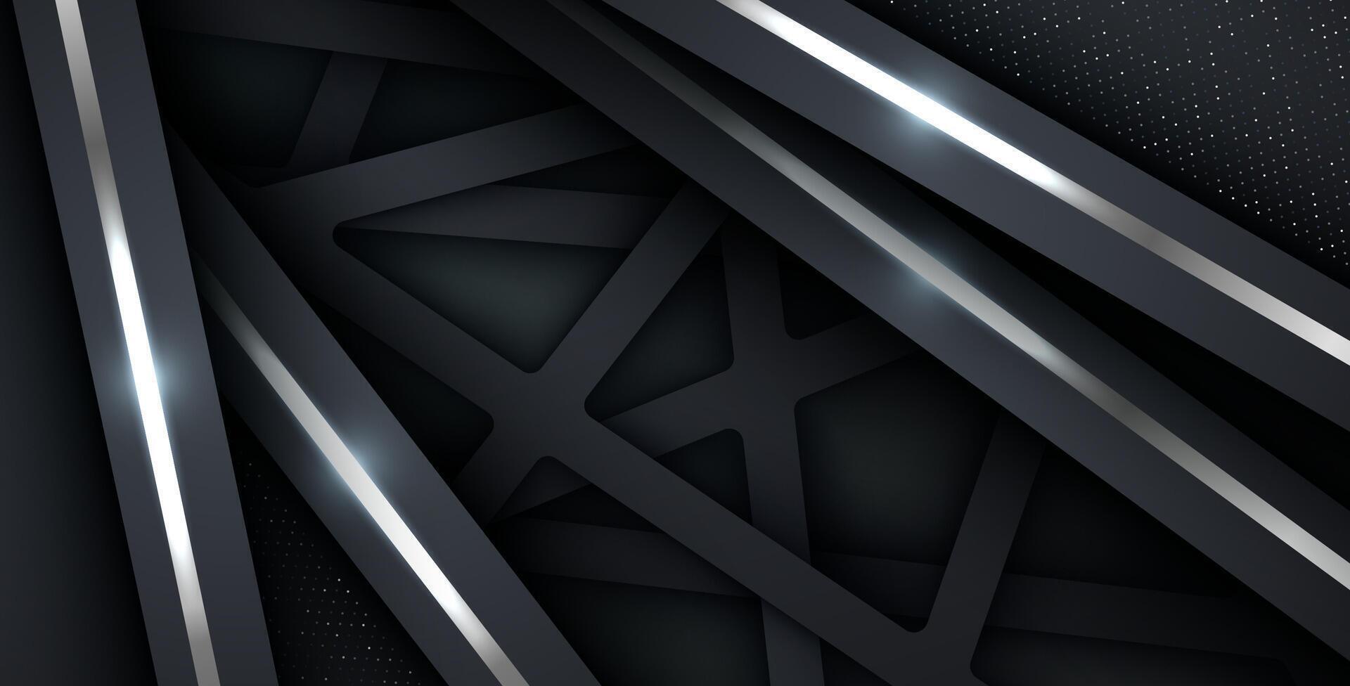 dark abstract background with triangle square black overlap layers. silver list and silver glitters dots element on slash papercut textured background. ,. vector
