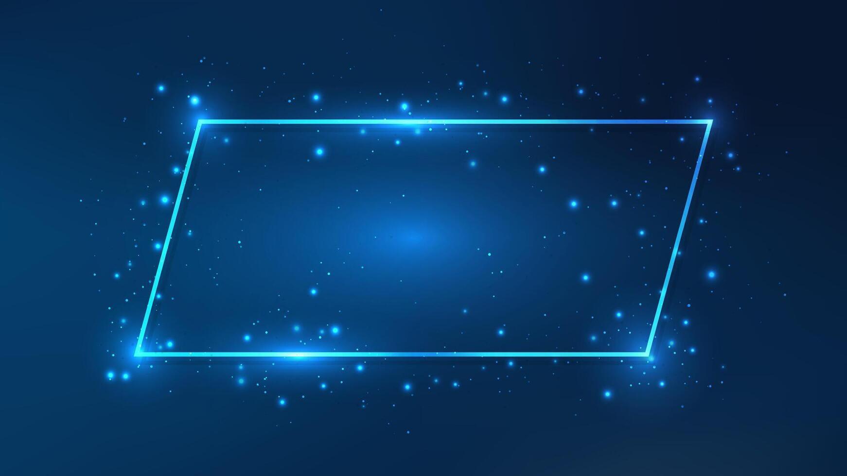Neon frame with shining effects and sparkles on dark blue background. Empty glowing techno backdrop. Fine illustration vector