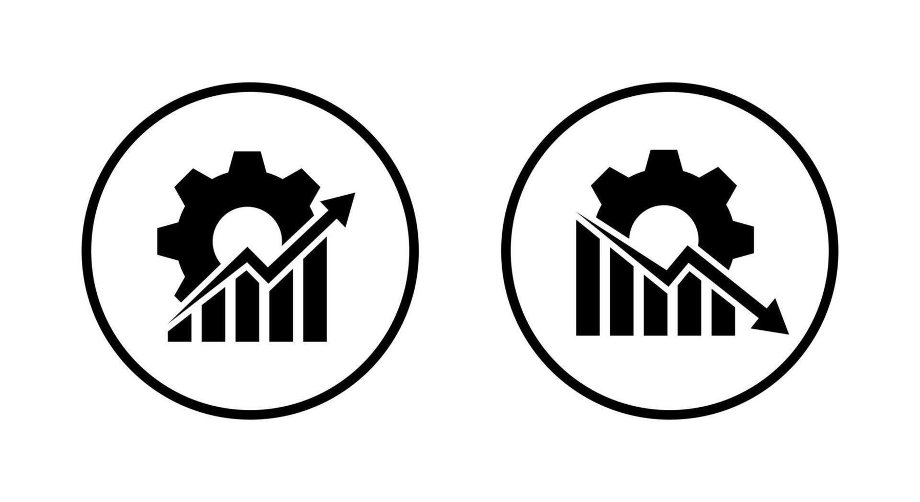 Gear and chart icon in circular outline. Business growth and decline symbol. Productivity performance concept vector