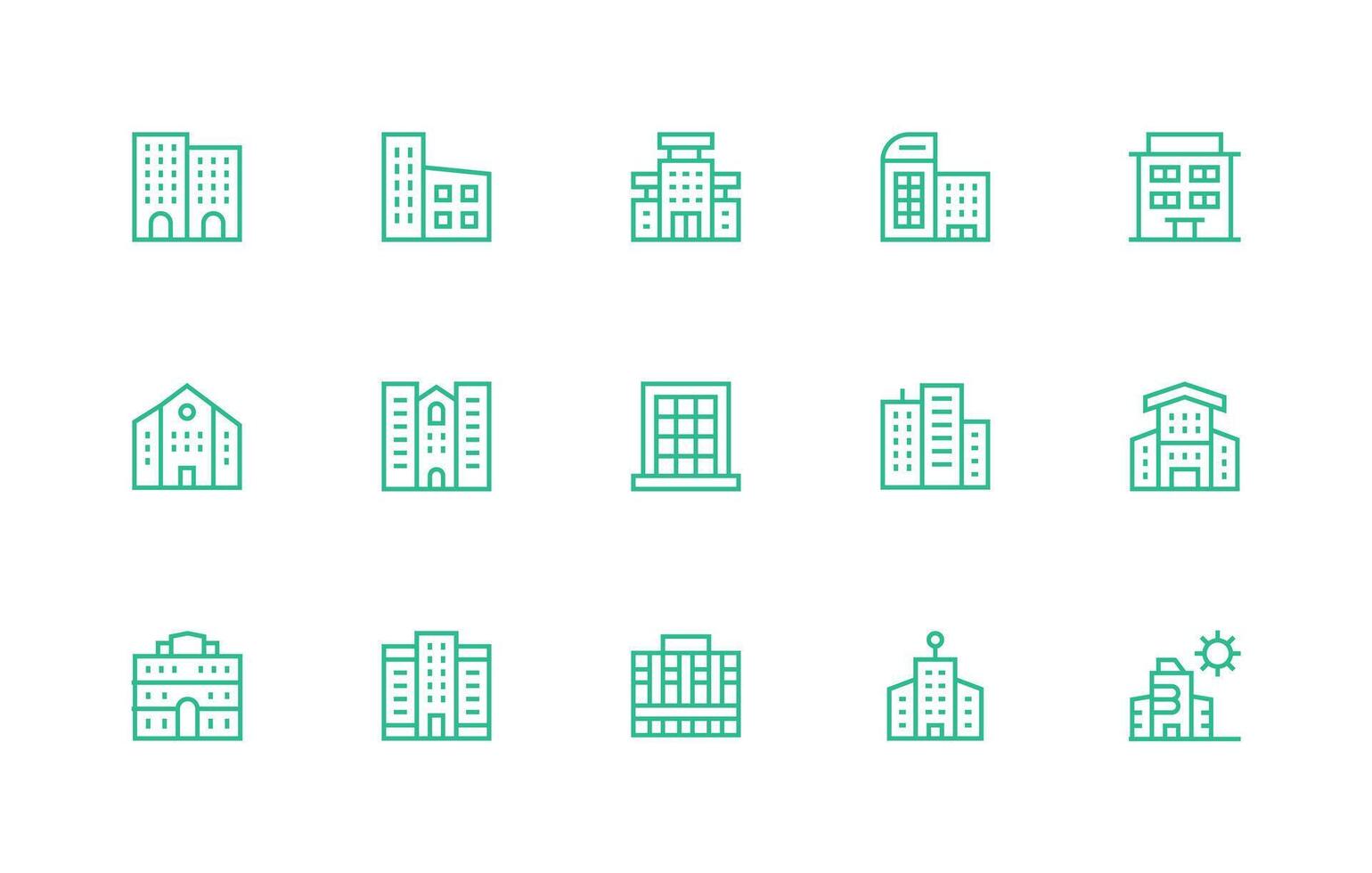 Office Building Design Icons featuring 15 in Regular Line Style vector