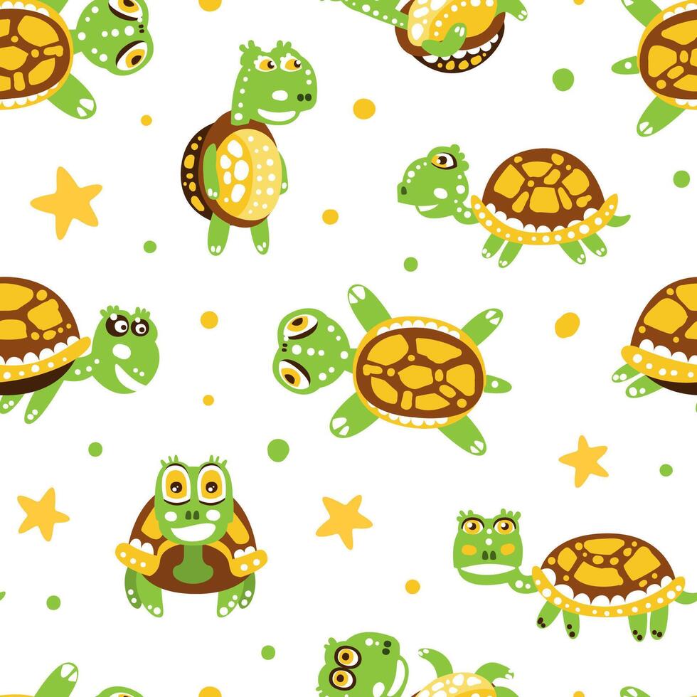 Happy Green Turtle with Shell Seamless Pattern vector