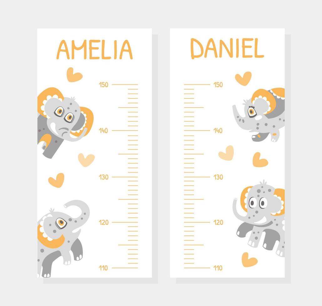Height Chart with Cute Elephant Character with Trunk and Tusks Template vector
