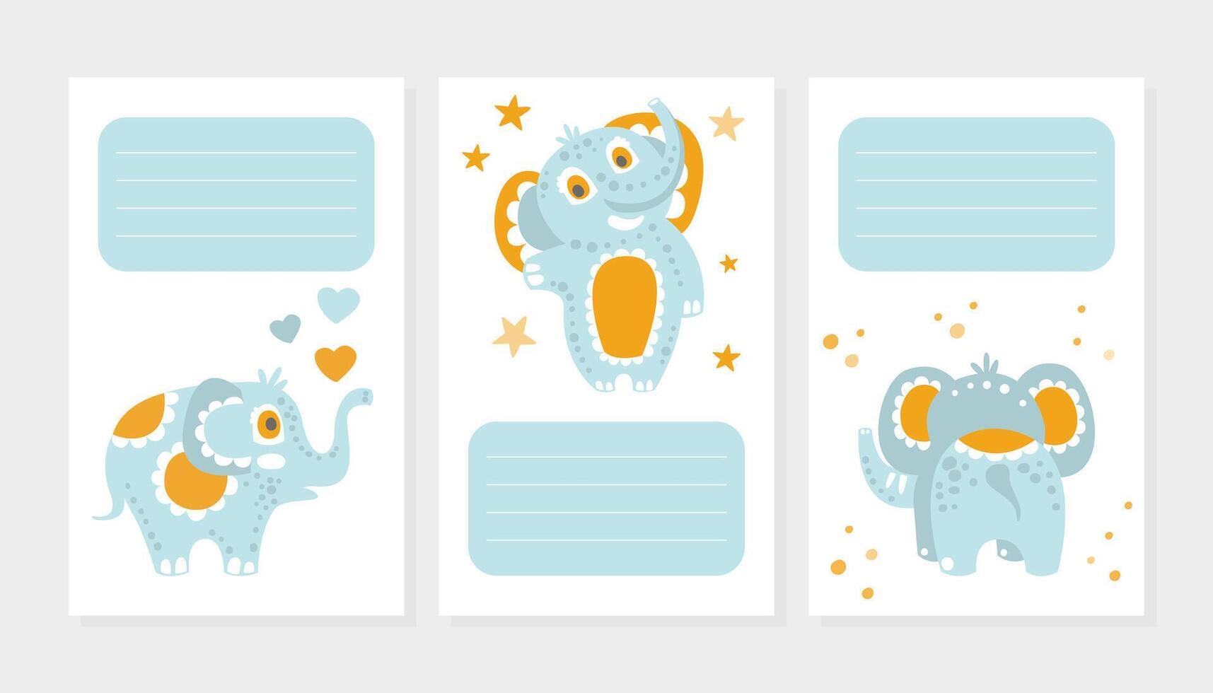 Lined Card with Cute Blue Elephant Character with Trunk and Tusks Template vector