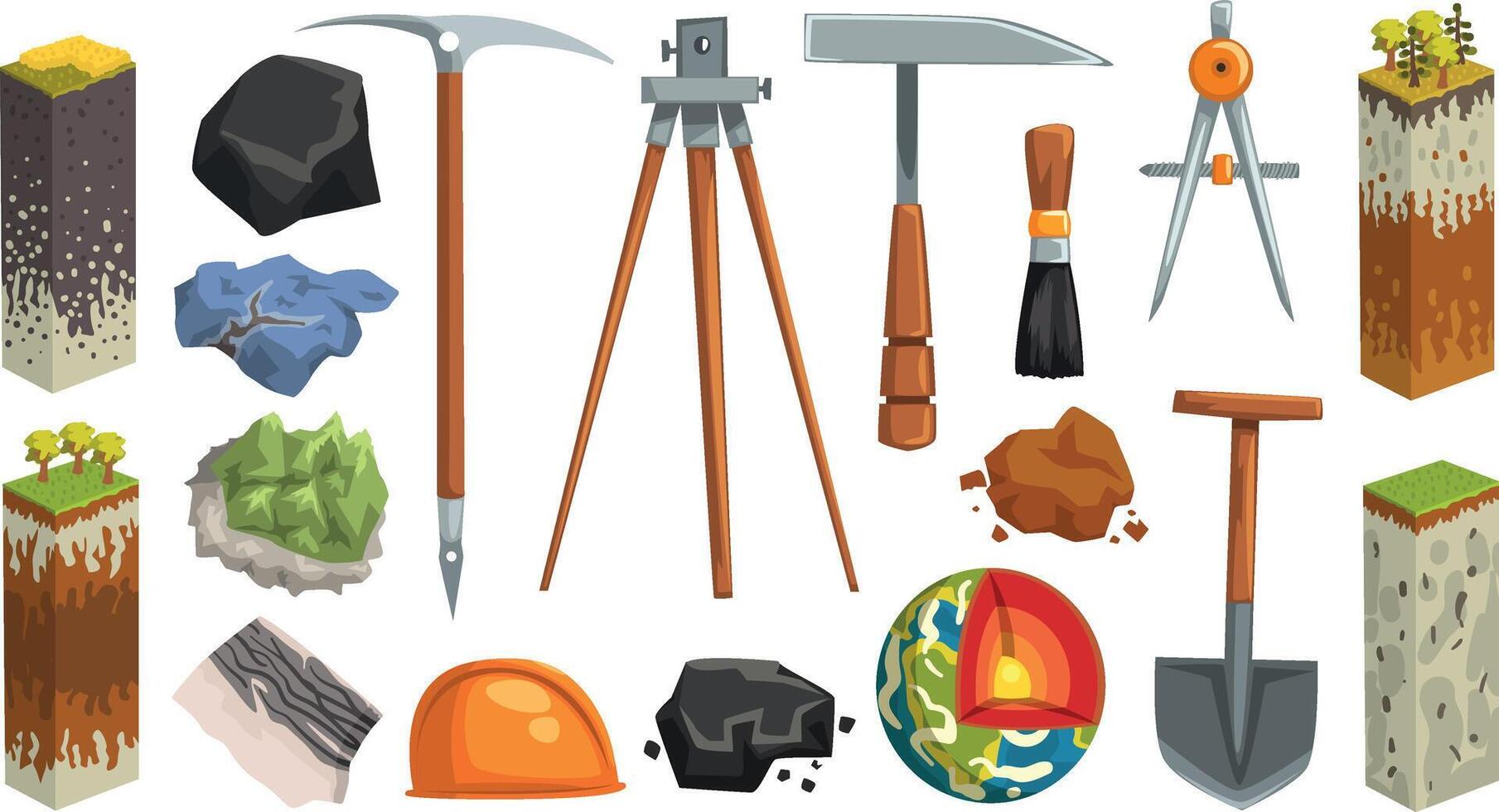 Geology and Earth Exploration Related Symbols Set, Globe Structure, Soil Layers, Geological Tools Illustration vector
