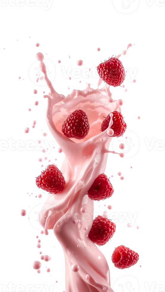 Dynamic cascade of raspberry-infused cream with splashing droplets against an isolated transparent png